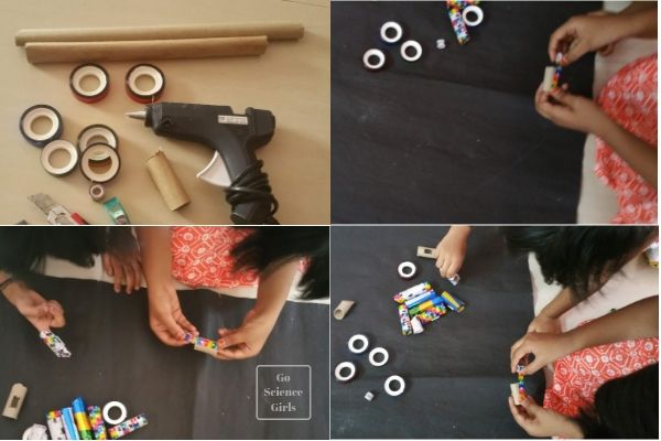 Decorate toilet paper rolls with washi tape stick on magnets to create a magnetic marble run for the fridge door