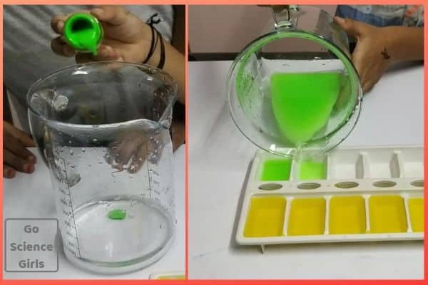 Add fluorescent colour to water and pour to ice tray
