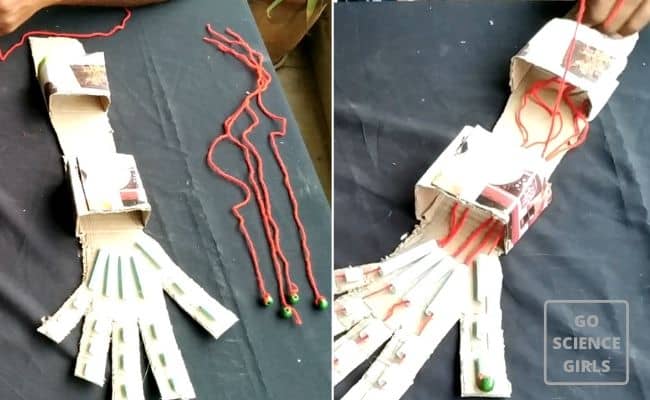 pass twine and tie beads to form nerves robotic hand