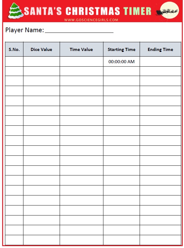 Time Tracking Sheet -Santa Christmas Timer Game