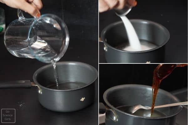 Adding water goldensyrup and sugar in a pan