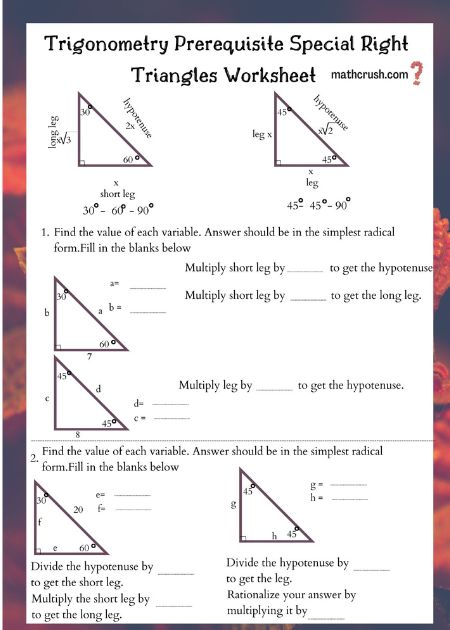 Trigonometry prerequisite special right triangles worksheet