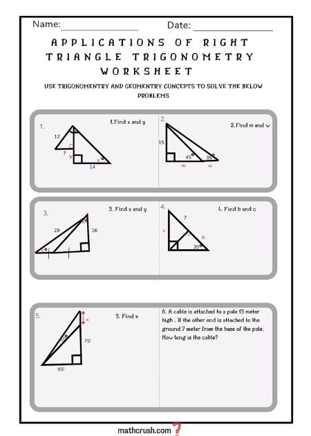 Applications of right triangle trigonometry worksheet