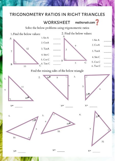 Trigonometry Ratios in right triangle worksheet