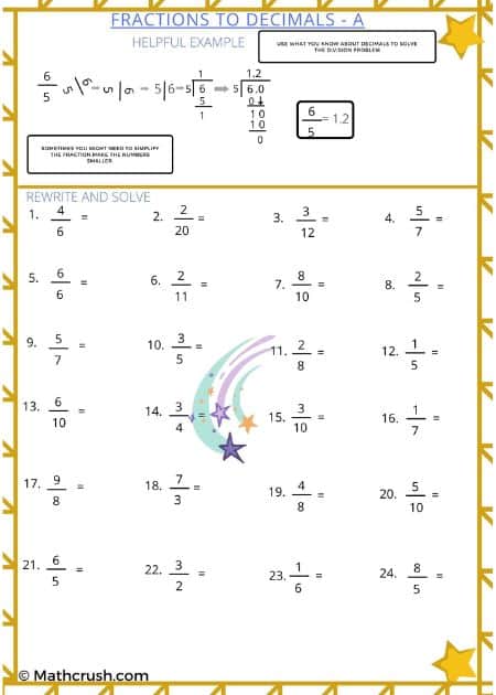 Worksheets on Converting Fractions into Decimals (Level-1)