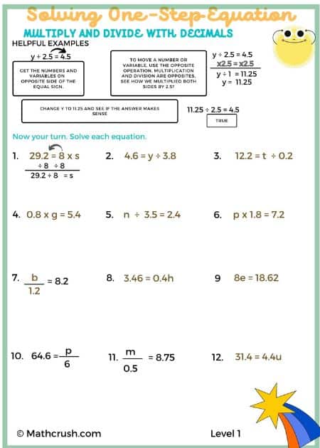 Worksheets to Practice Multiplication and Division operations using Decimals (Level-1)
