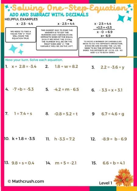 Worksheets to Practice Addition and Subtraction operations using Decimals (Level-1)