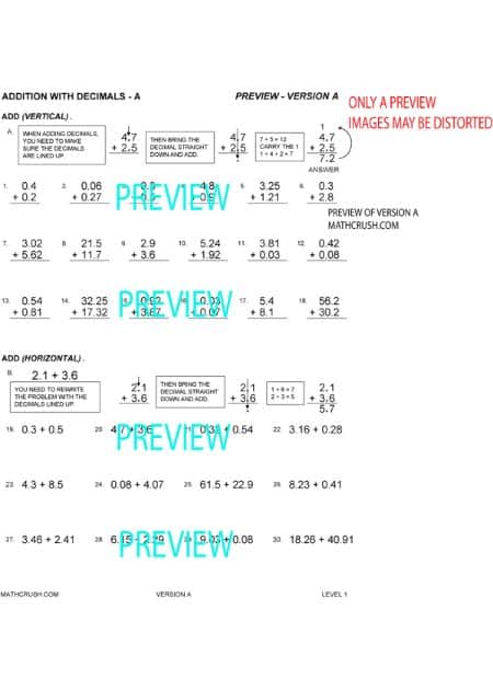 Addition by means of Decimals Worksheets (Level 1)_2