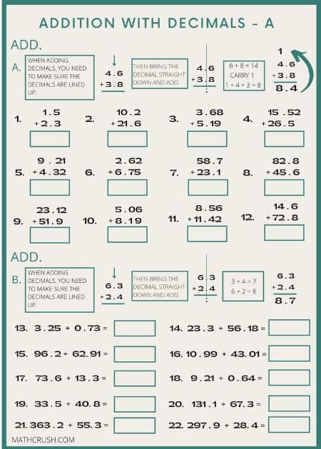 Addition by means of Decimals Worksheets (Level 1)