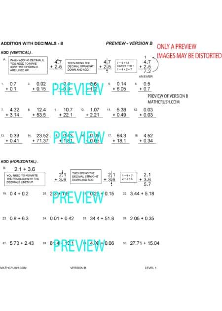 Addition by means of Decimals Worksheets (Level 1)_3