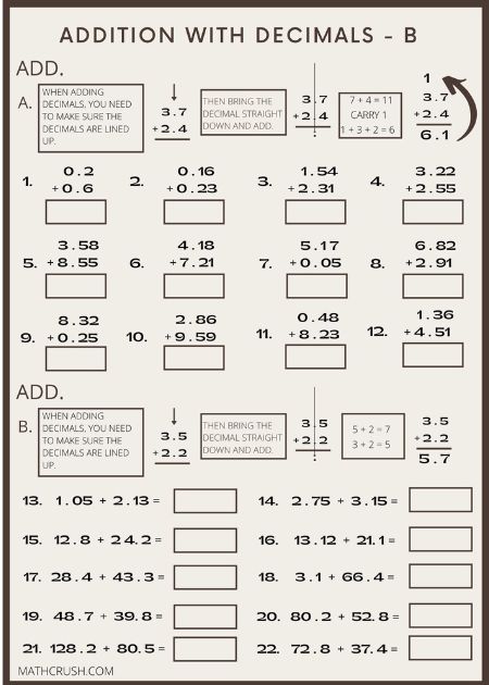 Addition by means of Decimals Worksheets (Level 1)_1