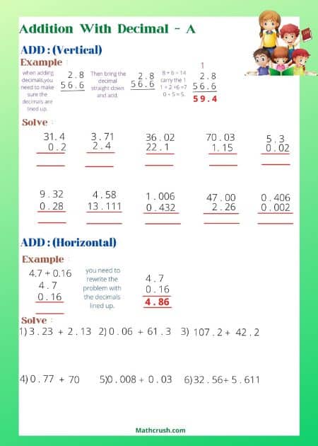 Addition by means of Decimals Worksheets (Level 2)