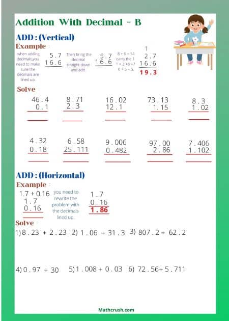 Addition by means of Decimals Worksheets (Level 2)_1