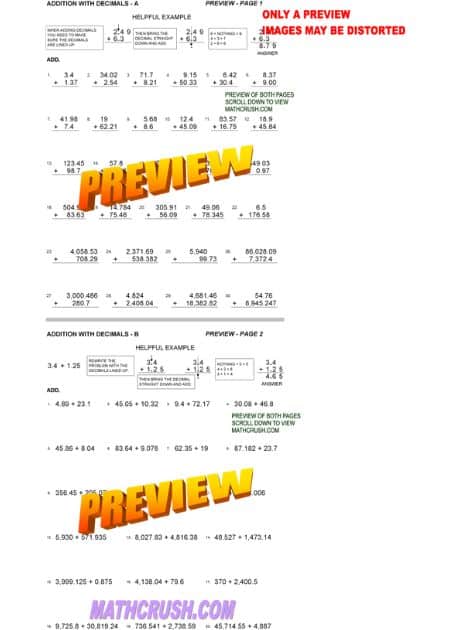 Addition by means of Decimals Worksheets (Level 3)_2