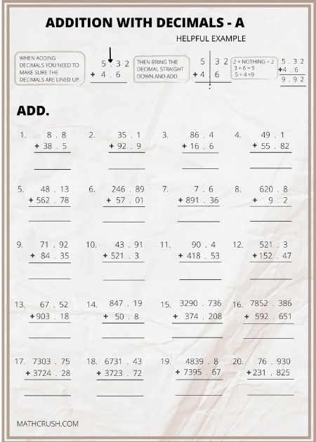 Addition by means of Decimals Worksheets (Level 3)