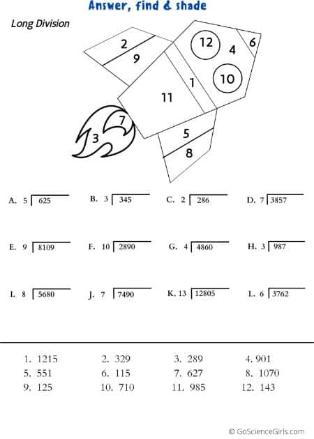 Worksheets on Long Division through Answer, Find, and Shade
