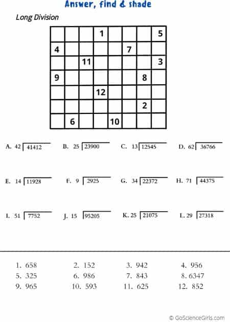 Worksheets on Long Division through Answer, Find, and Shade