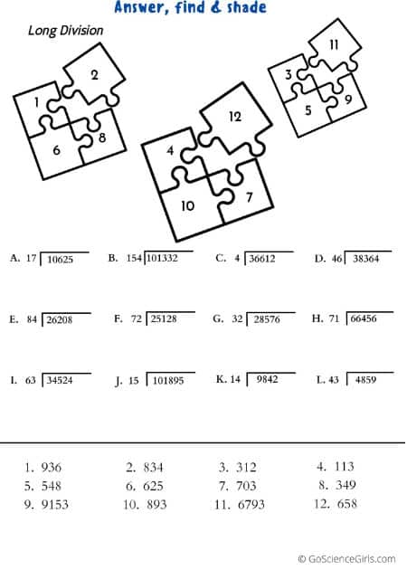 Worksheets on Long Division through Answer, Find, and Shade_1