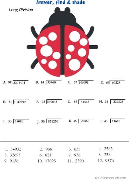 Worksheets on Long Division through Answer, Find, and Shade_2