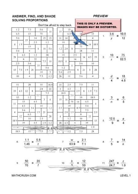 Worksheets to solve Proportions Problems (Answer, Find, and Shade)
