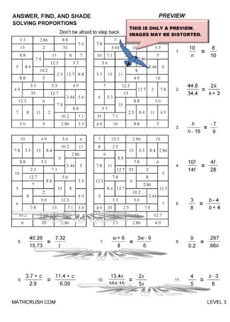 Worksheets to solve Proportions Problems (Answer, Find, and Shade)_2