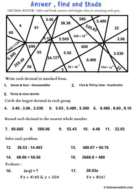 Review Worksheets on Decimals—Answer, Find, and Color (Level-2)