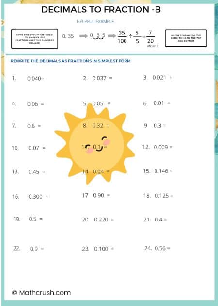 Worksheets on Converting Decimals to Fractions (Level-1)_1