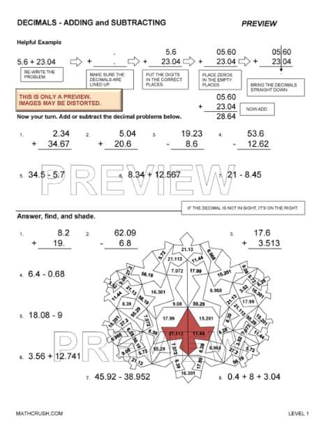 Worksheets to Practice Addition and Subtraction with Decimals