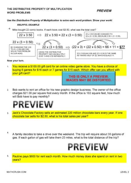 The Distributive Property of Multiplication
Word Problems Worksheet – Level 2