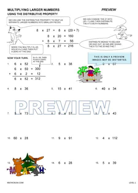 Multiplying Larger Numbers Using the Distributive Property - Worksheet Level 1