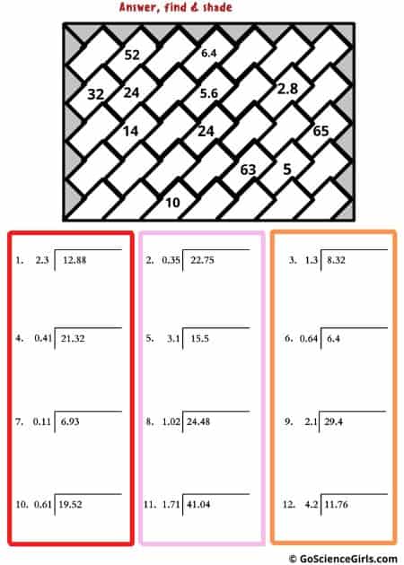 Division with Decimals – Level 3 Worksheets (Answer, Find, and Shade (2 in 1))