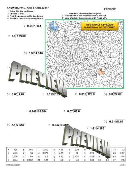Worksheets on Division by means of Decimals – Level 3 (Answer, Find, and Shade (2 in 1))