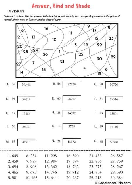 Math Practice Handouts on Division Problems (Answer, Find, and Shade)
