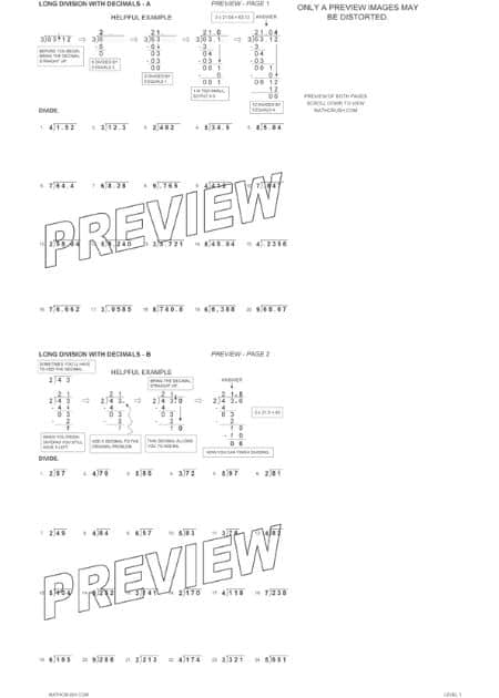 Long Division with Decimals Review Worksheets (Level-1)_1
