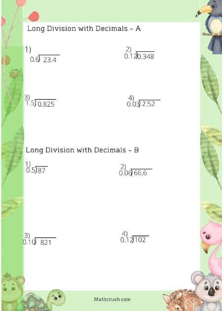  Long Division with Decimals Review Worksheets (Level-3)