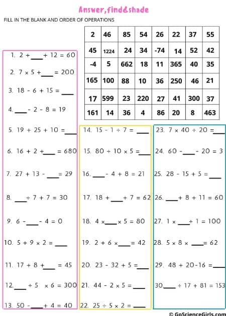 Fill in the Blank Worksheets to Practice Order of Operations (Answer Shade Find)—2
