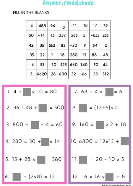 Fill in the Blank Worksheets to Practice Order of Operations (Answer Shade Find)—2_1