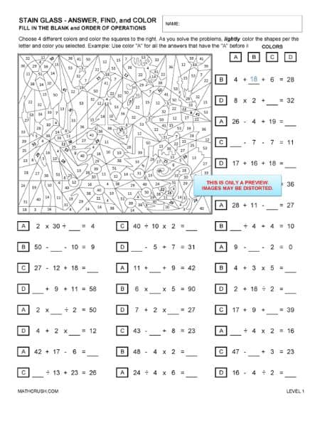 Fill in the Blank Worksheets to Practice Order of Operations (Answer Colour Find)