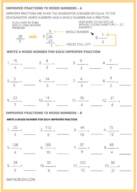 Improper Fractions to Mixed Numbers – Level 2