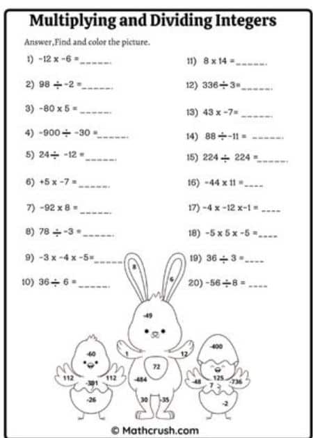 Multiplying and Dividing Integers Worksheets (Answer, Find, and Shade (2 in 1))