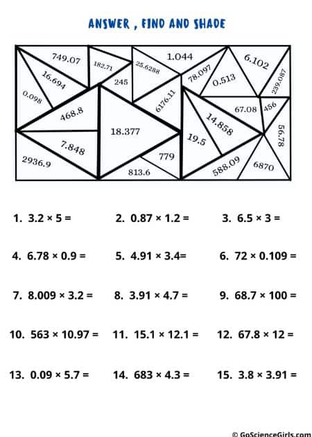 Worksheets on Multiplying Decimals (Answer, Find, and Shade)