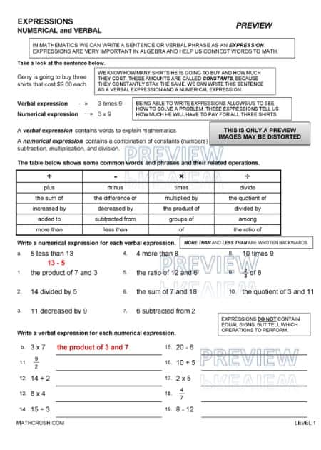 Understanding Worksheets of Verbal and Numerical Expressions (Level 1)_1