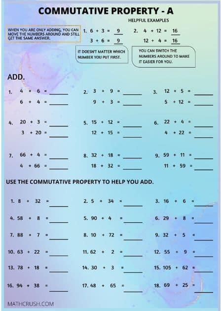 Commutative Property Worksheet– Level 1