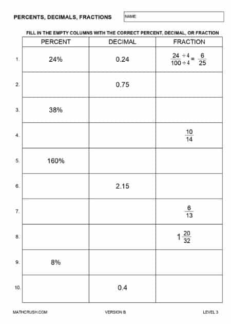 Percents, Decimals, and Fractions Worksheet - Level 3_1