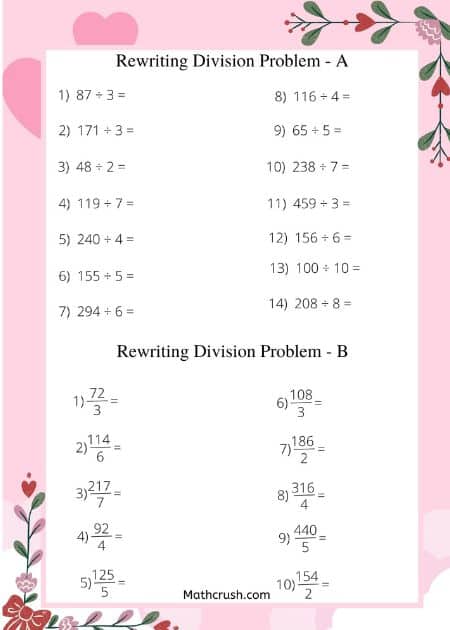 Rewriting Long Division Worksheets (Level 1)