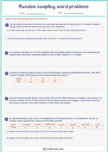 Sampling-Word Problems Worksheets (Level-1)