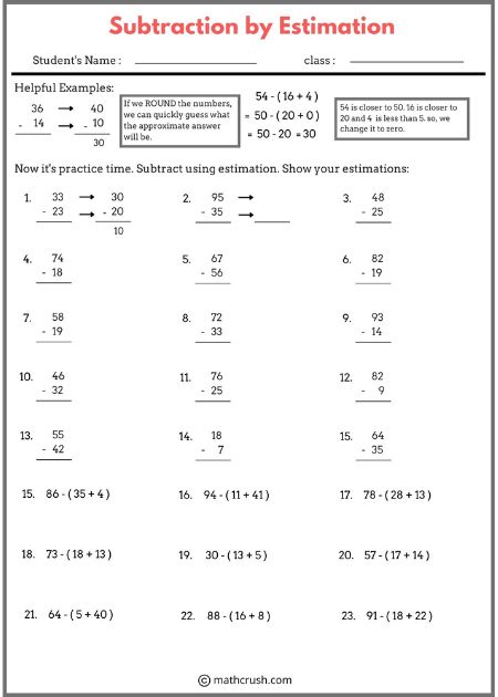 Worksheets to relate Estimation to Subtraction (Level 1)_1