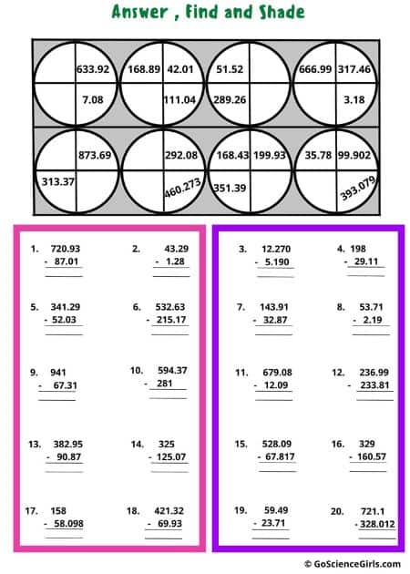 Subtracting with Decimals Worksheets (Answer, Find, and Shade)_2