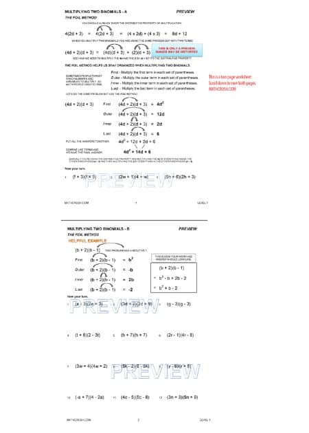 Multiplying Two Binomials (FOIL) Level 1