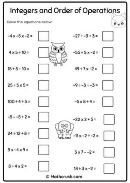 Worksheets on Order of Operations using Integers (Level 2)